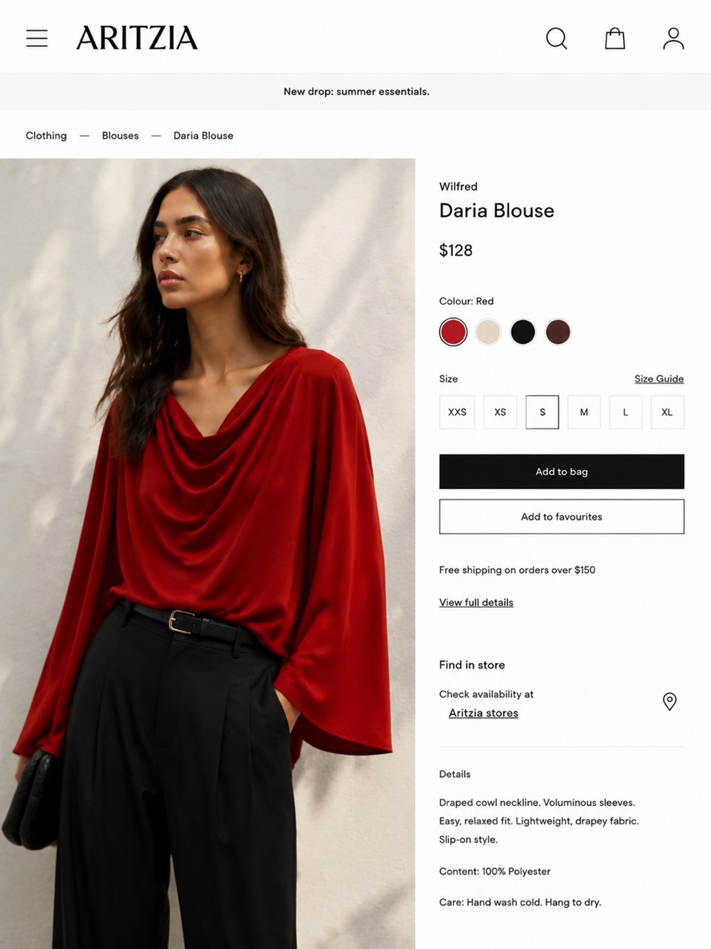 Aritzia Wilfred Red Cowl-Neck Blouse